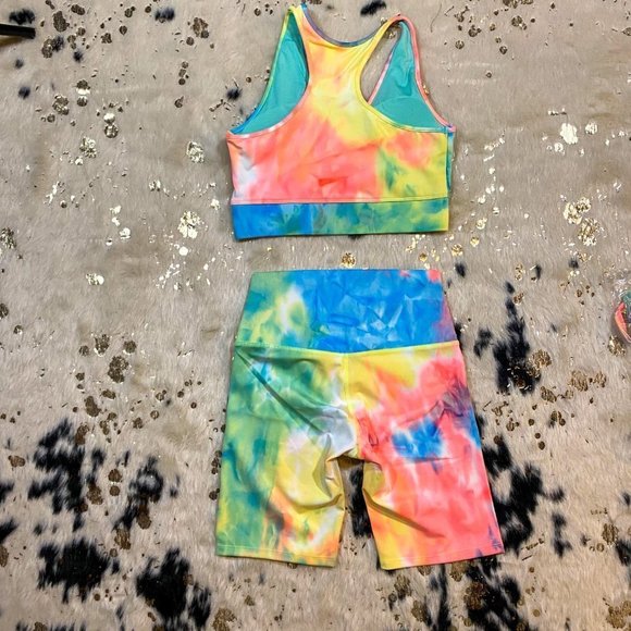 𝅺ZENANA Neon Green and Blue Biker Shorts Activewear Set - Picture 2 of 7